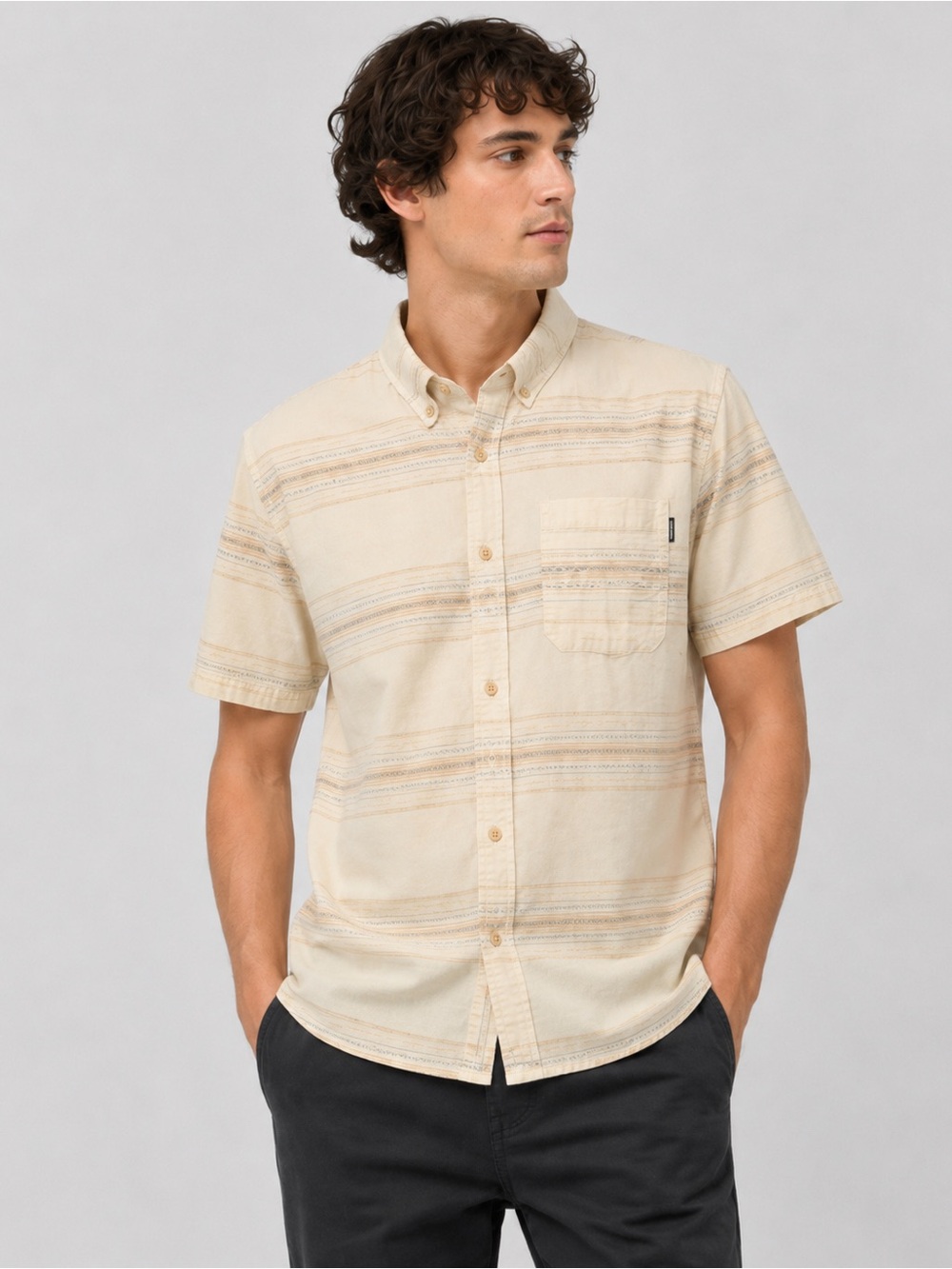 O'Neill Beige Short-Sleeve Button-Down Shirt with Subtle Stripe